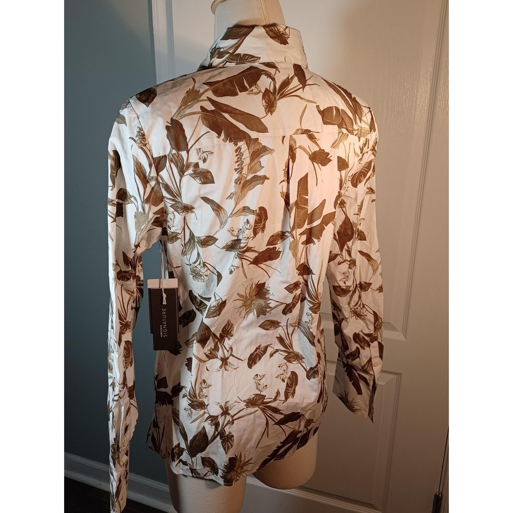 Nordstrom Signature Shirt Womens Medium White Tan Botanical Floral Button Up - Picture 4 of 6